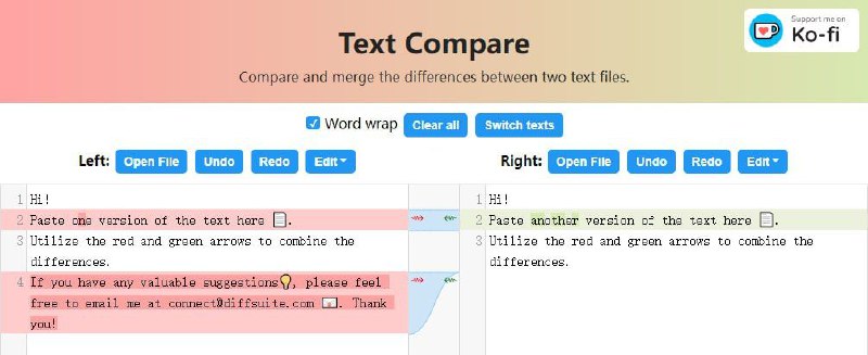 ▪️Text Compare 文本处理文本在线比对工具，可高亮显示文档间的不同，并可一键进行合并，还提供了排序行、反转行顺序、去除空行、删除重复行、去除行首尾空白等功能，支持手动输入和上传文档，免费使用，无需注册