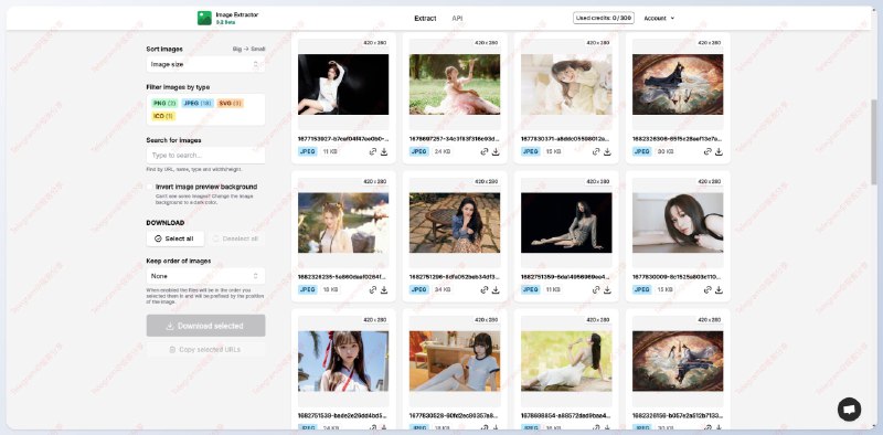 ⬇️Extract Pics - 一个提取网页图片的在线工具输入需要提取图片的网址，稍等片刻便提取完成支持批量、单独下载图片，还可根据图片大小、长宽、类型、名字等进行排序筛选免费使用，还提供 API 接口