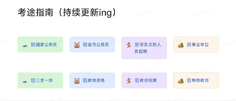 ▪️ 考途指南 - 一份多方面考试真题文档资料▎网站介绍：一个 飞书 文档，收集了国家 公务员 、省市公务员、军队文职人员招聘、事业单位、三支一扶、 教师资格 、教师招聘、特岗教师相关的 考试 真题 ，架构清晰，内容丰富