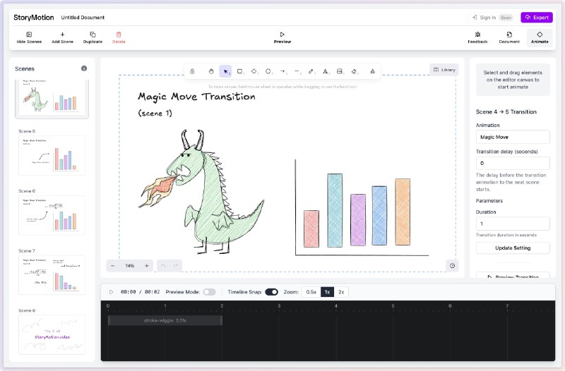 #在线工具 #制图工具 StoryMotion -  一个在线的手绘动画制作工具storymotion 内嵌了 Excalidraw，并提供了幻灯片一样的功能