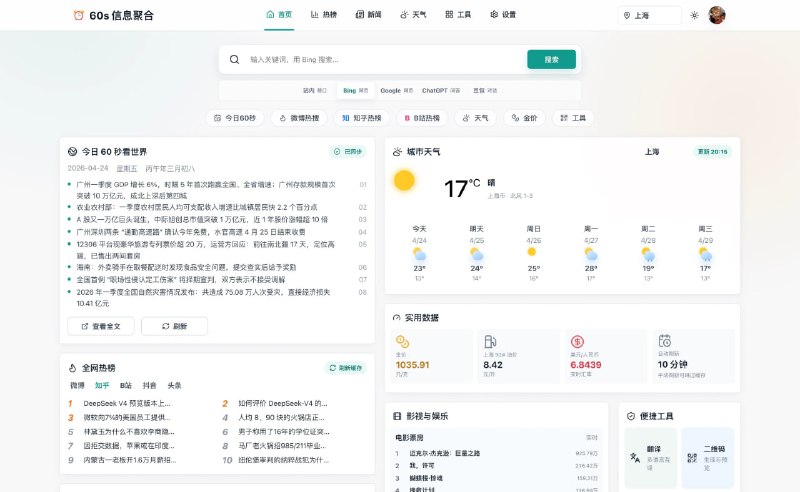 #开源 #建站 60s-web - 一个实用的信息聚合导航页 演示60s-web 把每日资讯、热榜、天气、实用数据、娱乐和常用工具全部集成到一个页面中，适合设为浏览器首页或个人信息仪表盘纯静态，支持一键部署至 Cloudflre、vercel📮投稿    📢频道    💬群聊    索引