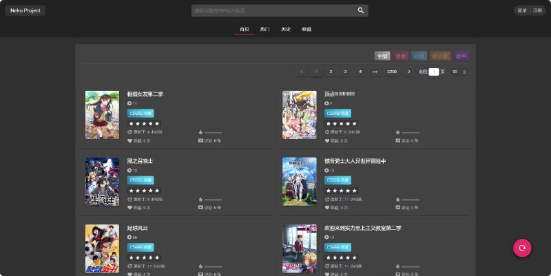 Neko Project，一个二次元漫画，动漫，轻小说，音生资源综合分享论坛，目前资源都有2200页，动漫等秒播，体验很好网站声明：本站资源皆为自存储资源，非第三方盗链资源或带XX广告的资源，为此我们购置了大量的硬盘和带宽！如果您发现资源缺失或内容涉H，请通过内容页的 "问题反馈" 告诉我们标签：#网站 #动漫 #漫画 #轻小说 #音生链接：永久发布页频道  群聊  投稿  中文